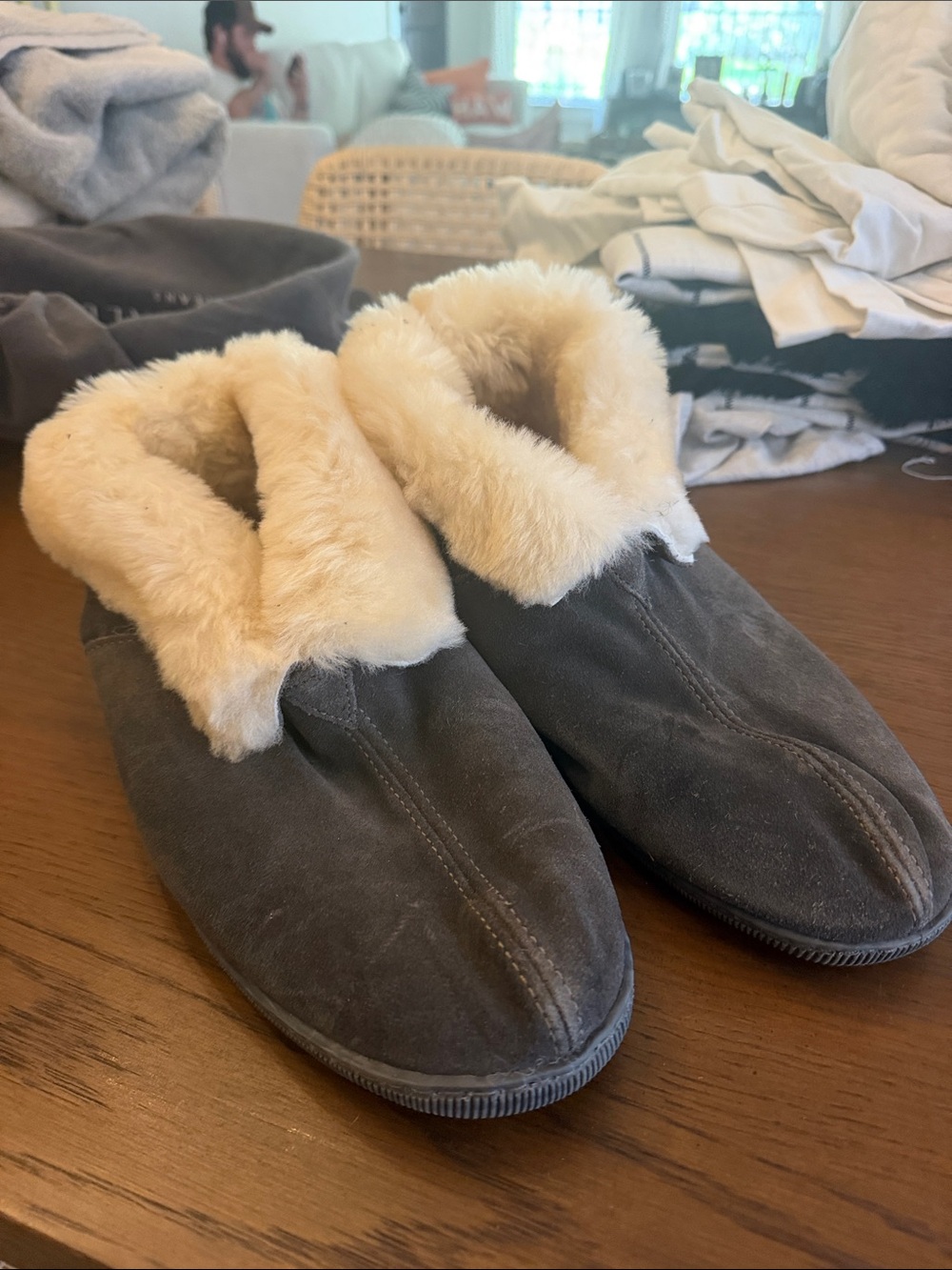 Minnetonka Gray Suede Slipper Boots with Cream Shearling Lining